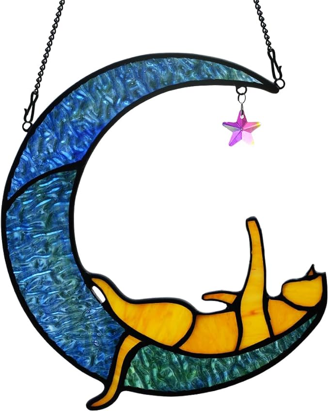 BOXCASA Orange Cat Suncatchers for Windows Hanging,Stained Glass Cat on Moon,Crystal Suncatcher Prism Hanging,Cat Gifts for Women Mom Cat Lovers