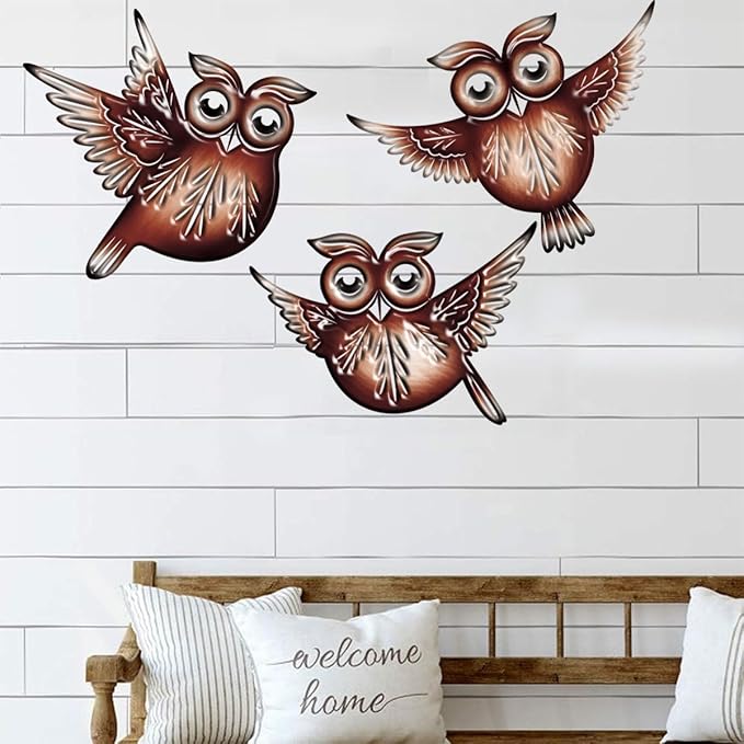 EiGreen Metal Owl Wall Art Decor, Metal Colorful Birds 3D Outdoor Wall decoration,Hanging Ornaments Hand-made cute owl Wall Art Fence Decorations for Living Room Patio Balcony (owl)