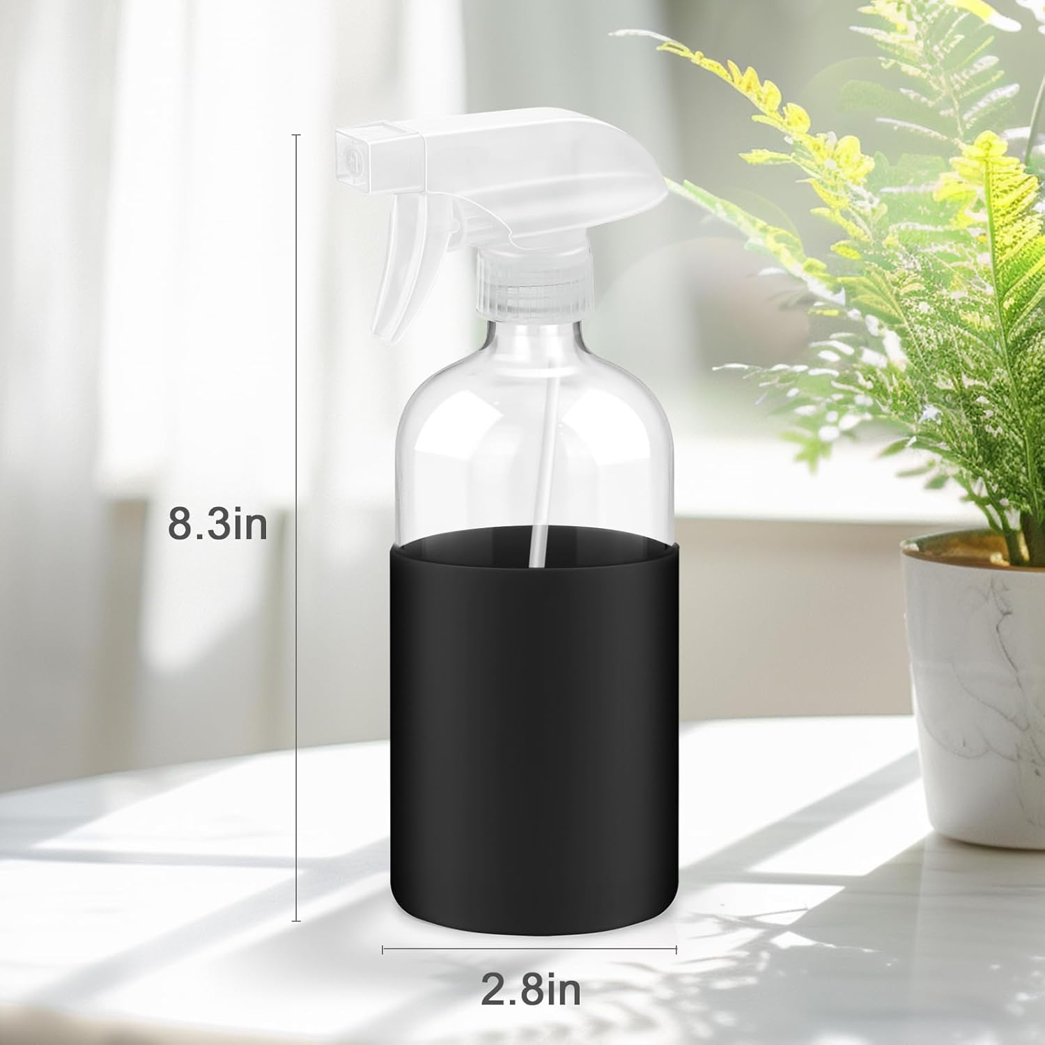 2 Pack Glass Spray Bottles with Long Silicone Sleeve, 16 oz Empty Refillable Containers with Adjustable Spray Nozzles, Spray Bottles for Hair, Cleaning Solutions and Plants 2 Pack Black