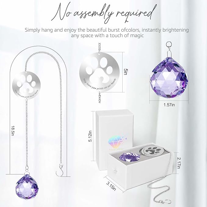 Dog Memorial Gifts, Unique Loss of Pet Sympathy Idea, Purple Crystal Ball Rainbow Suncatcher with Paw Print for Cat or Dog Remembrance and Bereavement