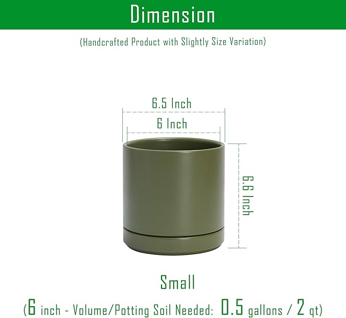 D'vine Dev 6 Inch Ceramic Planter Pot with Drainage Hole and Saucer, Indoor Cylinder Round Planter Pot, Olive, 94-O-C-J