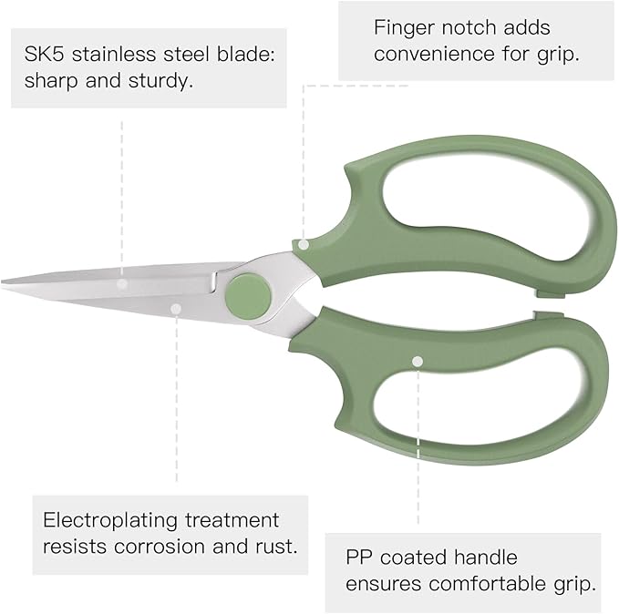Flower Scissors, Strong Floral Shears, Premium Steel Pointed Garden Pruning Shears Floral Fruits Leaf Scissors Hand Pruner Snip Trimming Tool for Gardening Flower Arrangement,Avocado Green