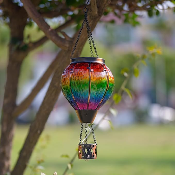 DREAMSOUL Hot Air Balloon Solar Lantern with Candle Holder, Glass Hanging Solar Lantern with Flickering Flame, Solar Lanterns Outdoor Waterproof for Lawn, Patio, Porch, Tree Decor
