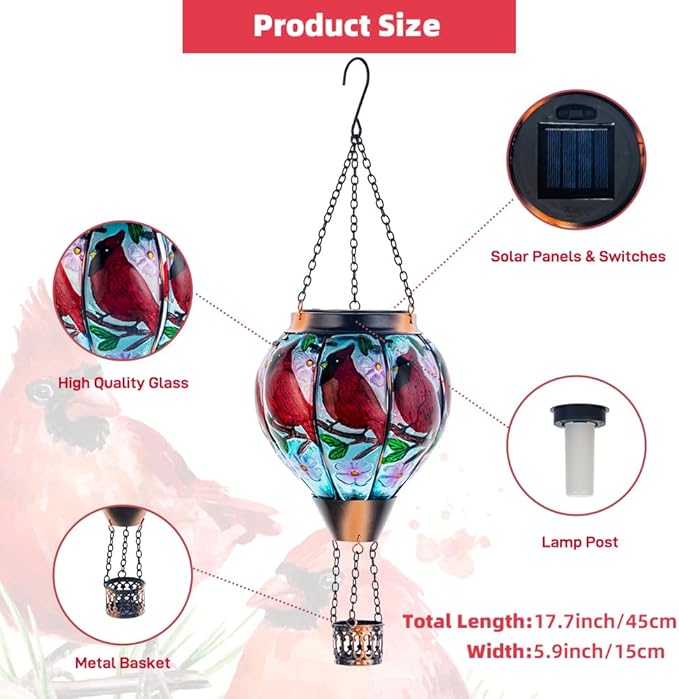 DREAMSOUL 2PCS Cardinal Hot Air Balloon Solar Lantern, Hanging Glass Solar Lanterns Outdoor Waterproof for Yard Party Gift