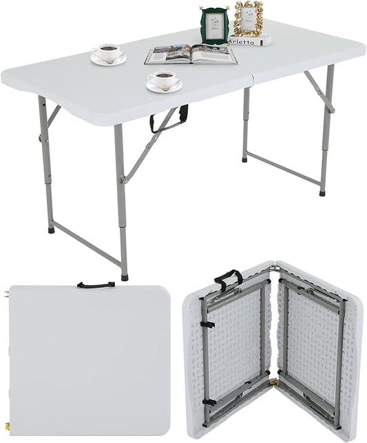 4FT Folding Table, Height Adjustable Table, Heavy Duty Plastic Tables Portable Fold-in-Half Utility Table w/Handle & Lock for Camping BBQ Party Banquet Wedding Market Events, 330LBS