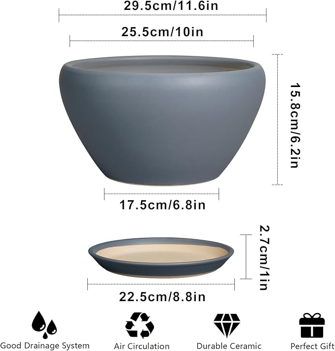 Ceramic Plant Pot - 11 Inch Planter for Indoor Plants Large Plant Pot with Drainage Hole and Saucer Round Outdoor Planter Modern Flower Pot for Home Decor Gray
