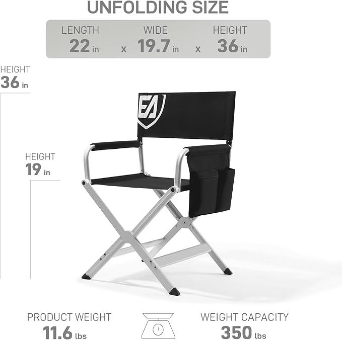 EVER ADVANCED Aluminum Directors Chair, Folding Studio Movie Chairs Camping Event Vendor Chair, 19" Seat Height Black Fabric/White Frame, Support 350lbs