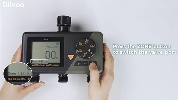 Diivoo Sprinkler Timer 3 Zone, Water Hose Timer 3 Outlet for Garden, Programmable Automatic Irrigation Timer with Rain Delay and Manual/Auto Mode Watering IP54 for Lawn, Yard, Pool