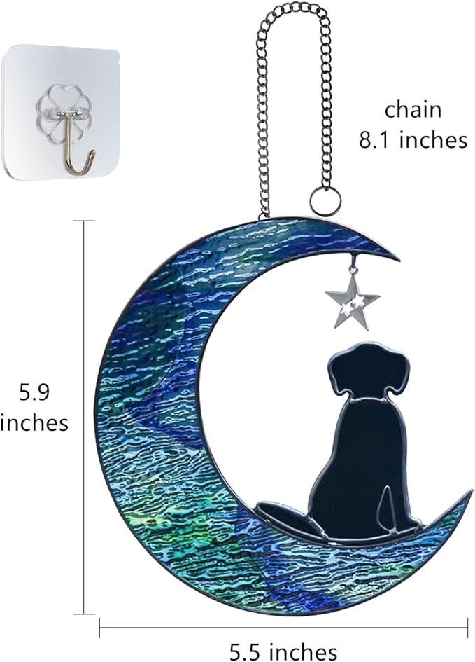 Dog Decor Stained Glass Moon Suncatchers Window Hanging, Wall Art Element Earth Tones Modern Design Home Garden Suncatcher, Dog Lovers for Halloween Decor (Moon Dog)
