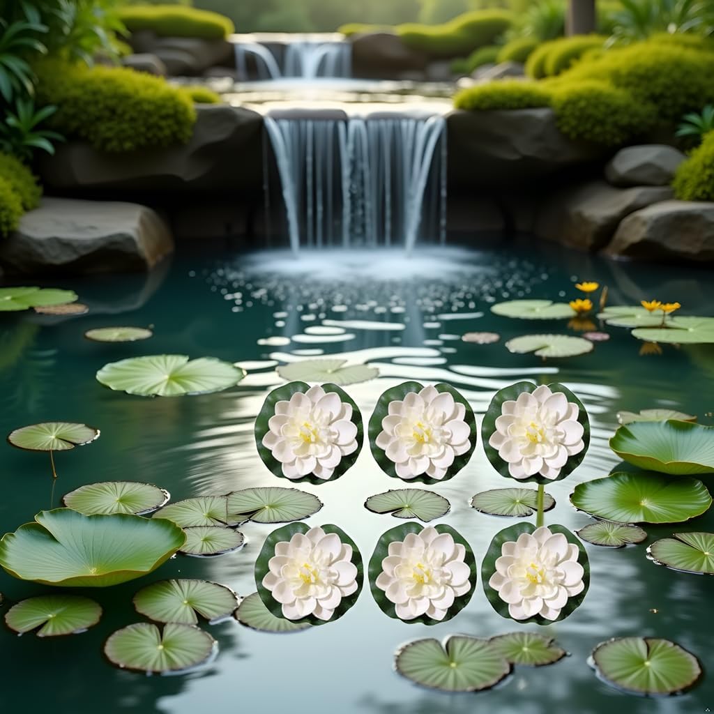 6 Pcs White Artificial Lotus Flowers Large Floating Lotus Flowers Faux Flowers Water Lily Flowers Fish Pond Plants with Artificial Lily Pads, Home Decor Flowers
