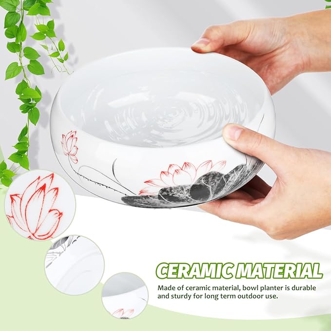 Ceramics Water Lily Bowl with Stand Chinese Style Hydroponic Planter Pot Round Narcissus Flowerpot Bonsai Daffodil Planting Container Garden Decoration 7 Inch