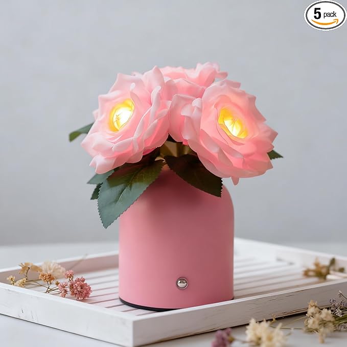 Pink Rose Lamp, Christmas Birthday Valentines Day Gifts for Women Wife Mom Girlfriend Daughter, Rechargeable Cordless Touch Table Lamp, Bedroom Bar Coffee Shop Decor Night Light