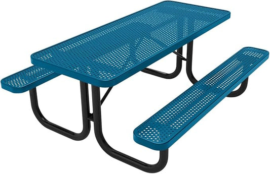Coated Outdoor Furniture Heavy-Duty Portable Outdoor Picnic Table, Thermoplastic Coated Punched Steel Commercial-Grade Patio Dining Furniture Made in America (6ft Rectangular, Light Blue)