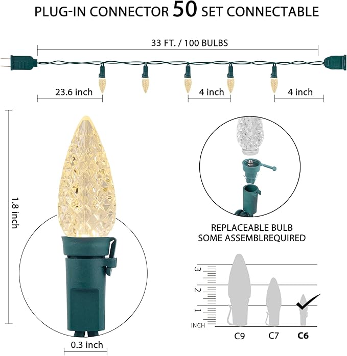C6 LED Christmas String Lights, 33 Feet 100 LED Strawberry Lights Plug in, Waterproof Twinkle Fairy String Lights for Indoor Outdoor Holiday Garden Yard Party Tree Decoration (Warm White)