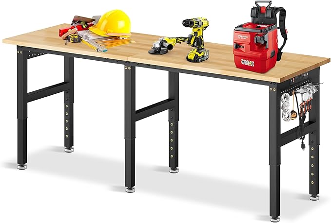 84” Adjustable Height Workbench, 5000 LBS Heavy Duty Table Rubber Wood Workstation with Power Outlet & Pegboard for Garage, Office, Workshop, Home,Commercial