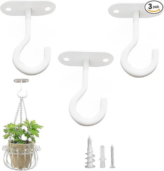 Ceiling Hooks for Hanging Plants-Metal Heavy Duty Wall Mounted Hangers for Hanging Bird Feeders, Planters, Wind Chimes, Include Professional Drywall Anchors (Pure White) 3 Pack
