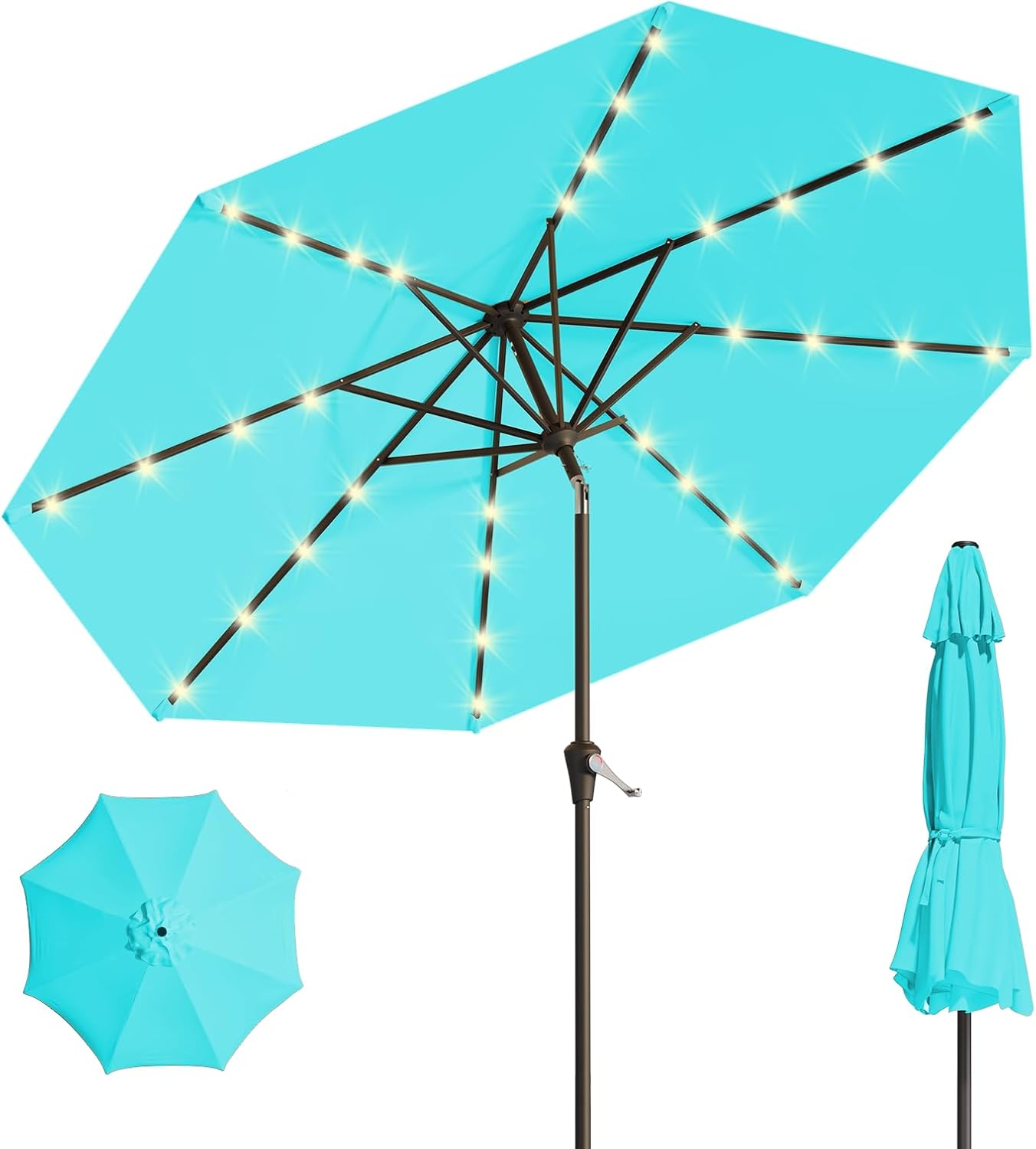 9FT Solar Umbrella 32 LED Lighted Patio Umbrella Table Market Umbrella w/Tilt and Crank, UV-Resistant Outdoor Umbrella for Pool, Garden, Deck, Aqua Blue