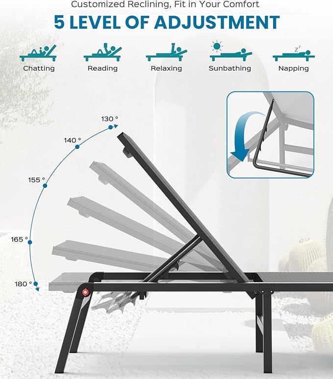 Chaise Lounge Outdoor, Foldable Aluminum Pool Lounge Chairs with 5 Positions Recliner - Free Assembly - Patio Chaise Lounge Chair for Poolside, Beach, Yard (Darkgray)