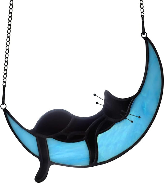 BOXCASA Sleeping Cat Stained Glass Windown Hanging,Black Cat on Moon Beautiful Handcrafted Sun Catcher Gifts for Daughter,Mothers Day,Christmas and Cat Lover