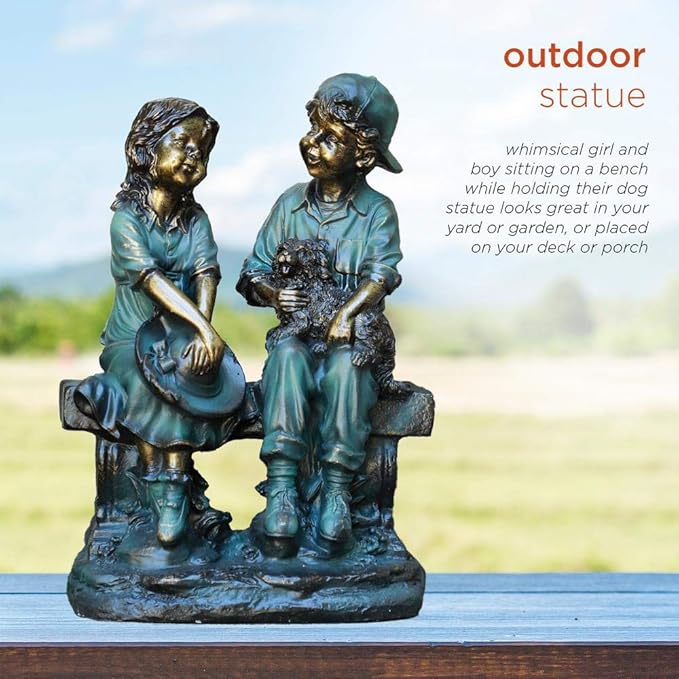 Alpine Corporation 16" Tall Indoor/Outdoor Girl and Boy Sitting on Bench with Puppy Statue Yard Art Decoration