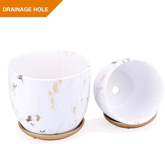 7 Inch Ceramic Plant pots (Set of 2), 7 Inch 5.5 Inch Modern Flower Planter, Gold Marble Gardening Pots with Drainage Hole and Saucer for Outdoor Indoor Yard Garden Home Office Decoration.