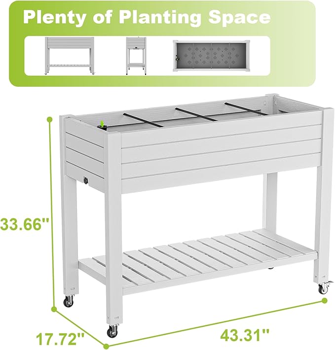 Elevated Raised Garden Bed with Wheels,Outdoor Large Resin Patio Planter Box Stand Divisible with Drain Plug,Water Monitor for Plants Vegetables Flowers Fruits(Ashen)