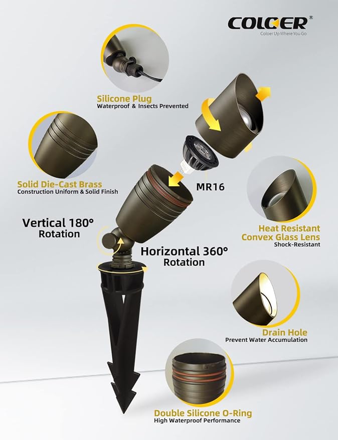 COLOER Brass Landscape Spotlights, 10 Pack Landscape Light Fixture with 5W Aluminum Housing MR16 LED Bulb 2700K 450LM,12V AC/DC Low Voltage Outdoor Spot Lighting, Uplight for Garden and Patio(102B)