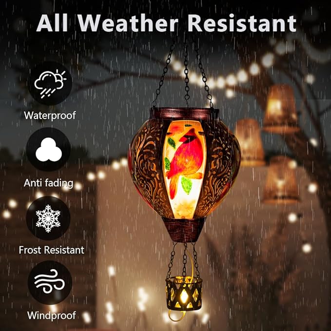 Cardinal Solar Hot Air Balloon Lantern with Flickering Flame Hanging Solar Lanterns Outdoor Waterproof,Metal Hot Air Balloon Lights for Patio Yard Party Garden Decor,Cardinal Gifts for Women