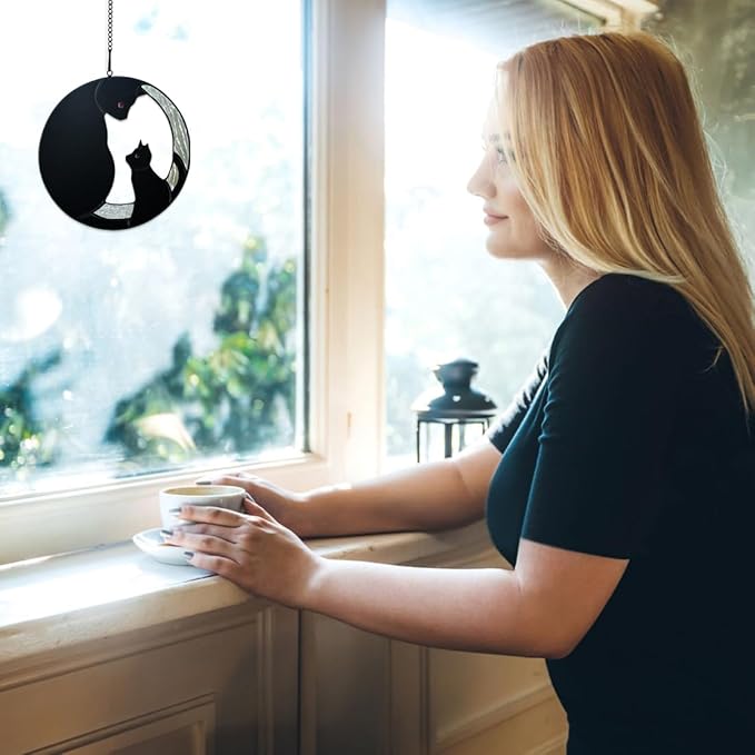 Black Cat Decor Stained Glass Window Hanging,Funny Cat Gifts for Cat Lovers Stained Glass Suncatcher for Window,Two Black Cat Decor Cat Themed Gifts for Women Mom Grandma