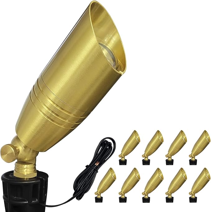 COLOER Die-cast Brass Landscape Spotlight 10-Pack Without Bulb,12V AC/DC Low Voltage Copper Outdoor Lighting with Ground Stake, Directional Garden Patio Spot Up Light (102B Brass Finish)