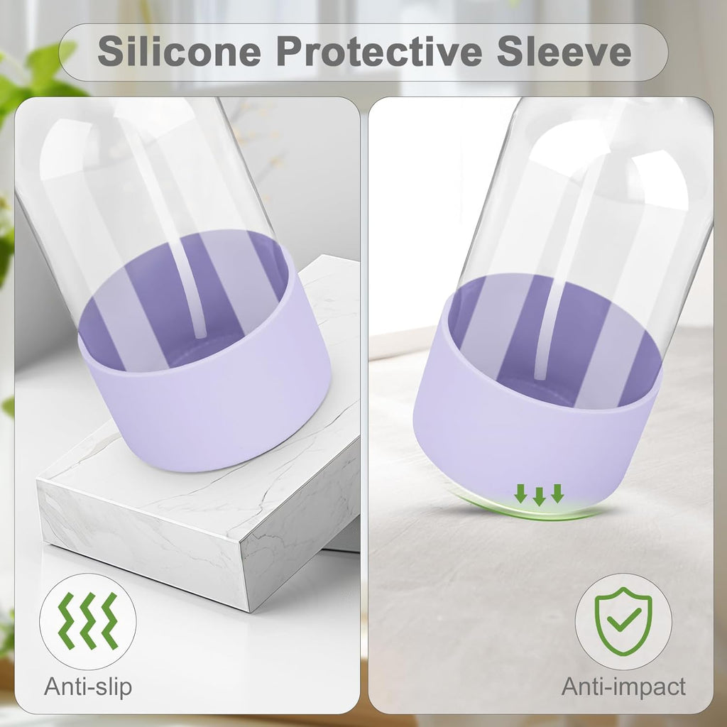 2 Pack Glass Spray Bottles with Silicone Sleeve, 16 oz Empty Refillable Containers with Adjustable Spray Nozzles, Spray Bottles for Hair, Cleaning Solutions and Plants Purple