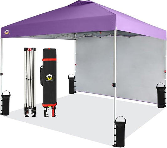 CROWN SHADES 10x10 Pop Up Canopy with 1 Side Wall - Beach Tent with One Push Setup - Outdoor Sun Shade for Events, Parties, Camping - Gazebo with STO-N-Go Cover Bag (Purple)