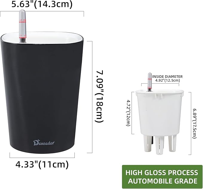 Dexceder 6x7 Self Watering Planter Indoor Outdoor, High Gloss Table Flower Plant Pot with Water Level Indicator (Black)