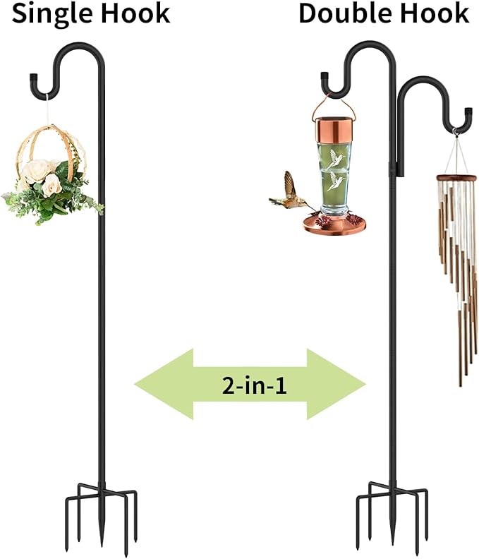 Double Shepherds Hooks for Outdoor, Bird Feeder Pole with 5 Prongs Base, Heavy Duty Garden Hook for Lantern, Wind Chime and Hummingbird Feeder, 45 Inch, 2 Pack