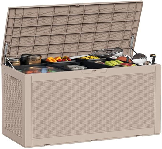 DRATO 100 Gallon Large Deck Box, Outdoor Storage Box for Patio Furniture, Patio Cushions, Gardening Tools, Pool Supplies,660lbs Weight Capacity,Waterproof Resin Storage Boxes