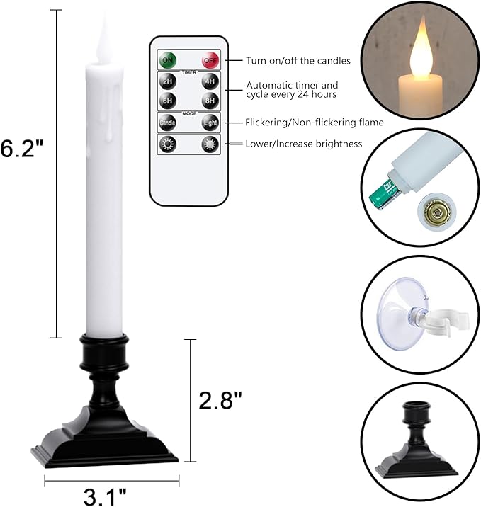 DRomance Flameless Window Candles with Remote Timer, 4 Pack White LED Flickering, Dripping Wax Effect, Suction Cups Included