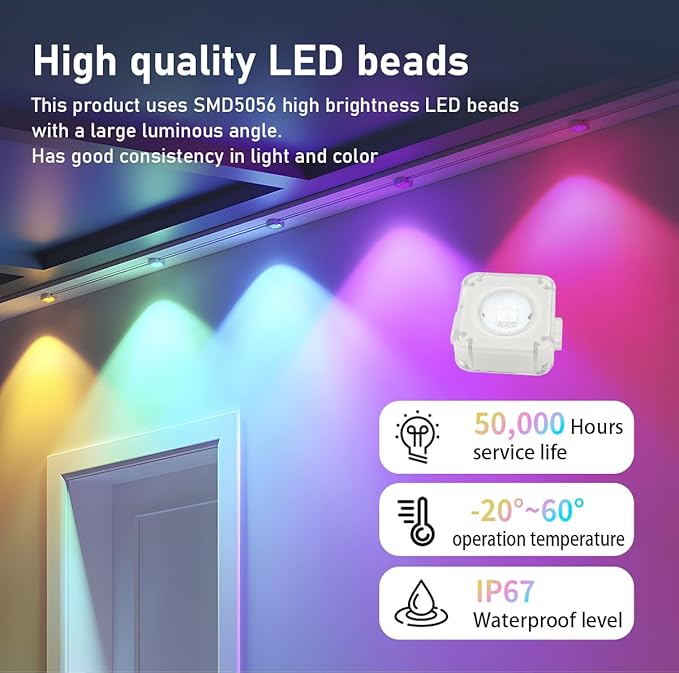 50ft Permanent Outdoor Lights for House, IP67 Waterproof RGB+IC LED Eaves Lights, 54 Scene Modes Outdoor Lighting for Christmas Garden Party Holiday Decorations, with App/Remote Control