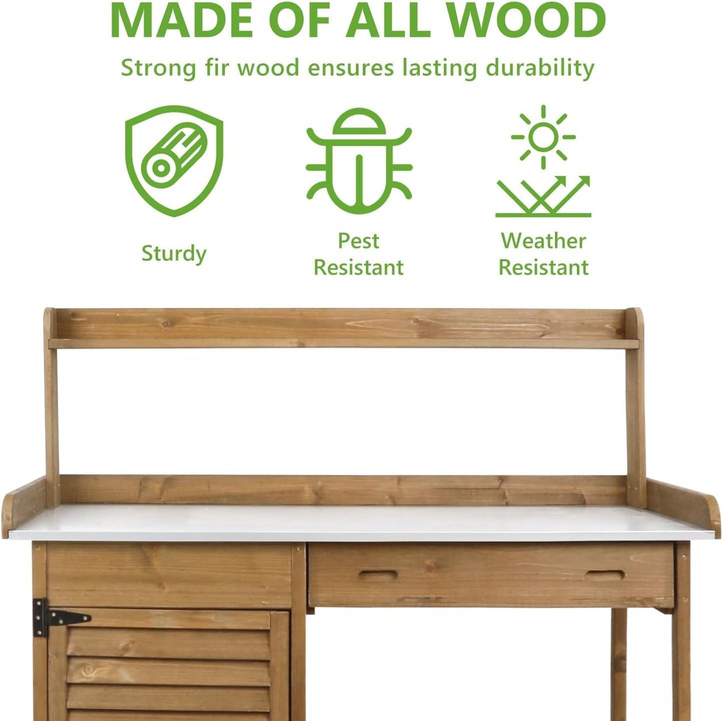 Garden Potting Benche Table Outdoor Wooden Work Station W/Metal Table top,Cabinet,Drawer,Large Bottom Shelf,Open Shelf Natural Wood-Brown-Brown