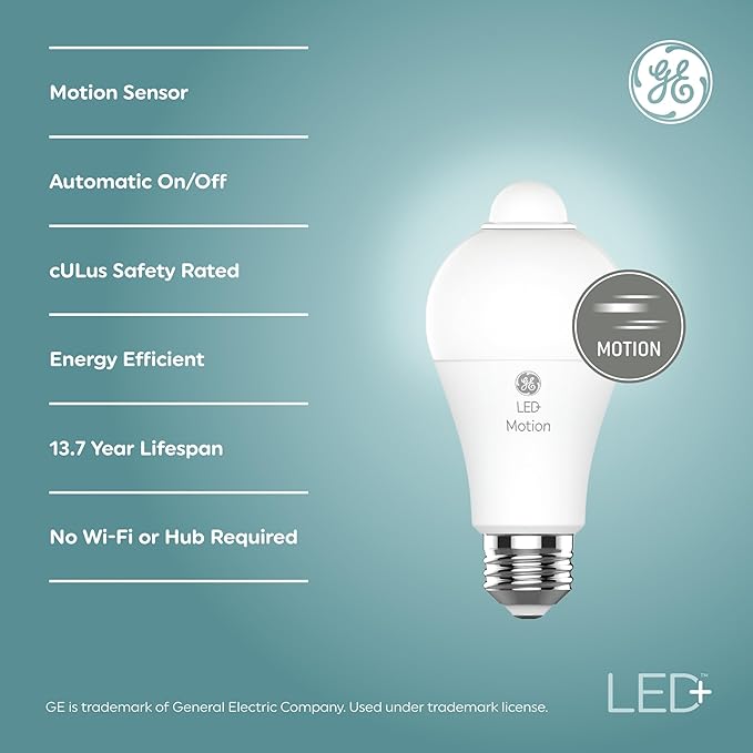 GE LED+ Motion Sensor LED Light Bulbs, 12W, Outdoor Security Lights, Daylight, A21 (2 Pack)