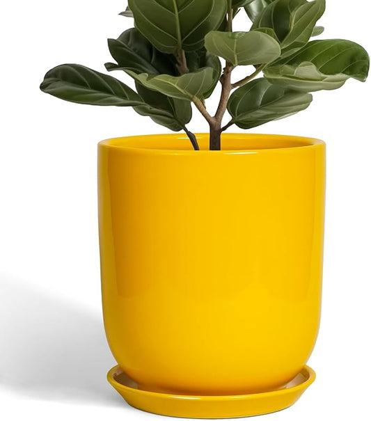 Ceramic Pot for Plants - 10 Inch Plant Pot Indoor with Drainage Hole and Saucer Large Planter for Outdoor Plants Cylinder Decorative Flower Pot Yellow