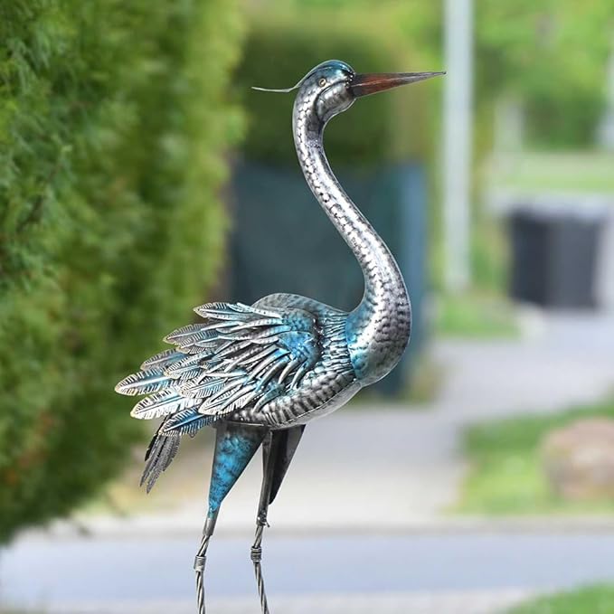 Crane Garden Decor Statue, Blue Heron Garden Statue Metal Yard Art Outdoor Decoy, Garden Sculptures & Statues for Yard/Garden/Lawn/Pond/Outdoor Decoration, 1Pc