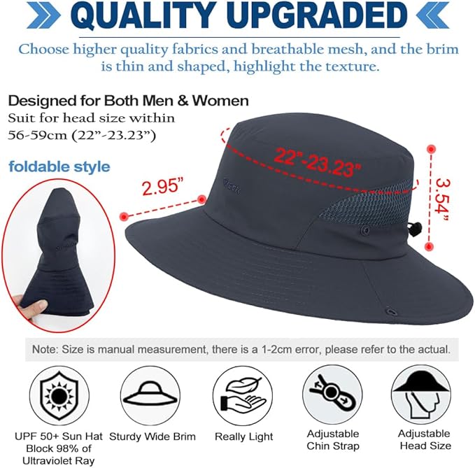 Fishing Hat, UPF50+ Wide Brim Sun Hat for Men Women, UV Protection Hiking Beach Bucket Hats Summer Safari Hat