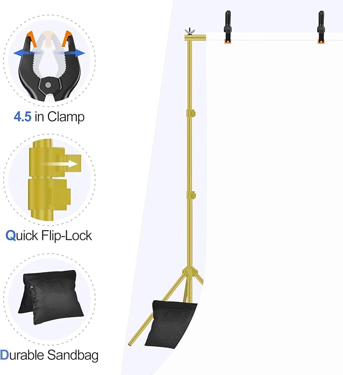 EMART Backdrop Stand 10x7ft(WxH) Photo Studio Adjustable Background Stand Support kit with 2 Crossbars, 8 Clamps, 2 Sandbags and Carry Bag for Parties, Events Decoration, Wedding -Titanium Gold
