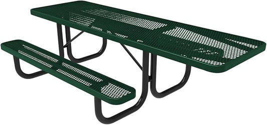 Coated Outdoor Furniture Heavy-Duty Portable ADA-Compliant Outdoor Picnic Table, Expanded Metal Patio Dining Furniture Made in America (8ft Rectangular, One-Side Handicap, Textured Green)