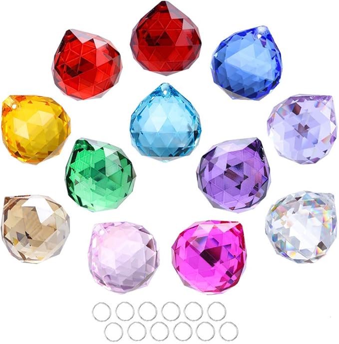 Crystalsuncatcher 30mm Vintage Feng Shui Faceted Decorating Crystal Ball Prism Pendant Suncatcher Multi-Color Hanging Pendant Suncatcher 12pcs