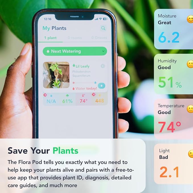 Flora Pod AI-Powered Smart Plant Monitor | for Indoor or Outdoor Plants | Personalized Alerts for Moisture, Temperature, Humidity, and Light
