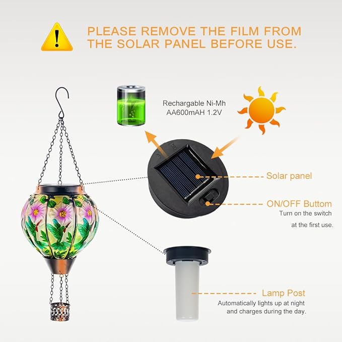 DREAMSOUL Hummingbird Hot Air Balloon Solar Lantern, Hanging Solar Lanterns Outdoor with Flickering Flame Light, Metal & Glass Solar Lanterns Outdoor Waterproof for Patio Yard Decor