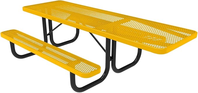 Coated Outdoor Furniture Heavy-Duty Portable ADA-Compliant Outdoor Picnic Table, Expanded Metal Patio Dining Furniture Made in America (8ft Rectangular, One-Side Handicap, Yellow)