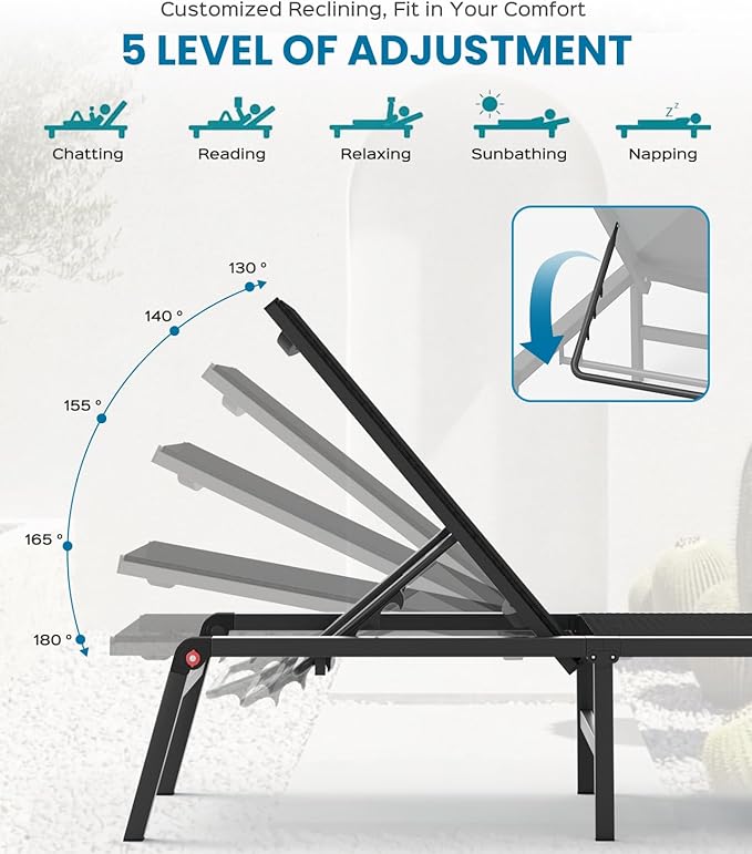 Chaise Lounge Outdoor, Foldable Aluminum Pool Lounge Chairs with 5 Positions Recliner - Free Assembly - Patio Chaise Lounge Chair for Poolside, Beach, Yard (Black)