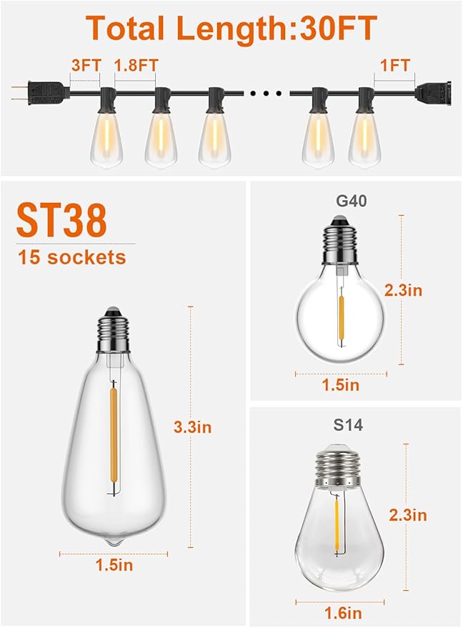 Gpatio 30ft Waterproof Patio Lights With 16 Dimmable Hanging Lights Globe ST38 Bulbs, 2700k Shatterproof Connectable For Backyard Gazebo Porch Garden Commercial Outside Decor